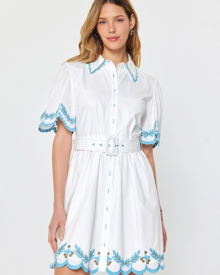 Scallop Trim Belted Mini Dress Dresses in at Wrapsody