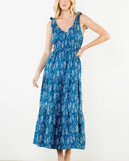 Fish Pattern Navy Midi Dress