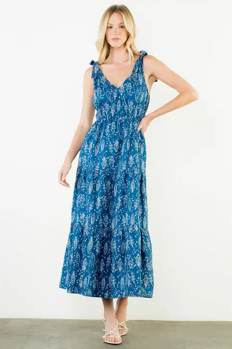 Fish Pattern Navy Midi Dress M