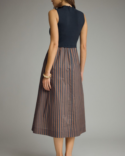 Knit and Striped Bottom Navy Midi Dress