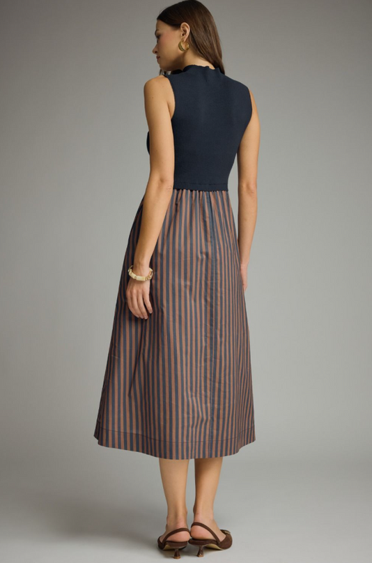 Knit and Striped Bottom Navy Midi Dress