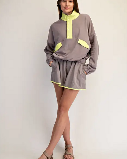 French Terry Playful Stone Taupe/Lime Set Activewear in S at Wrapsody