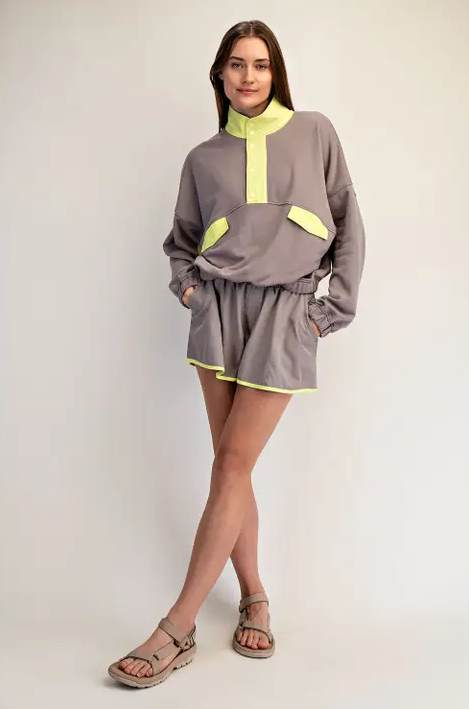 French Terry Playful Stone Taupe/Lime Set Activewear in S at Wrapsody