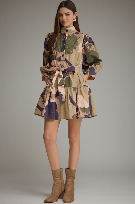 Eyelet Pattern Olive Combo Mini Dress