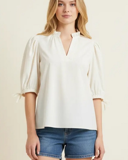 Ruffled Neckline Puff Sleeve Cream Blouse Tops in S at Wrapsody