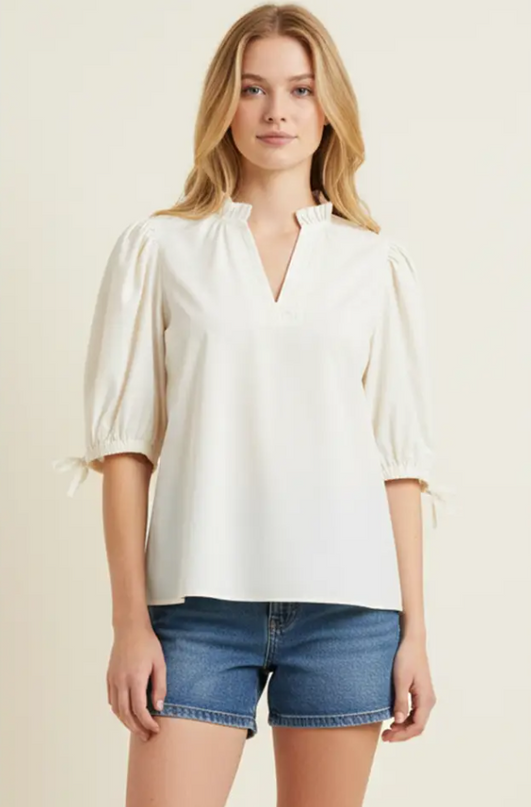 Ruffled Neckline Puff Sleeve Cream Blouse Tops in S at Wrapsody