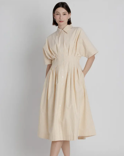 Pleated Yellow Striped Midi Dress Dresses in XS at Wrapsody