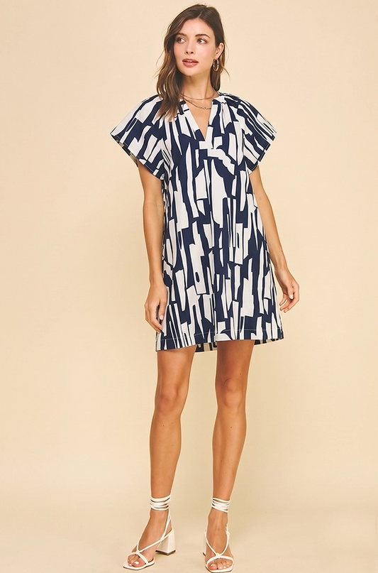 Abstract Pattern Navy/Peony Mini Dress