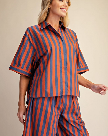 Striped Button-Up Charcoal/Orange Blouse