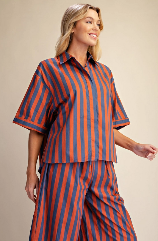 Striped Button-Up Charcoal/Orange Blouse