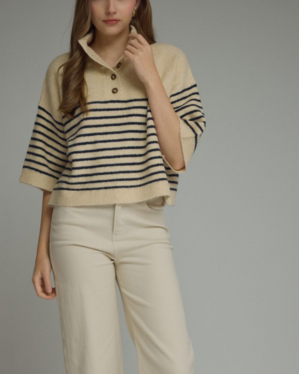 Mockneck Quarter Sleeve Navy/Ecru Stripe Sweater