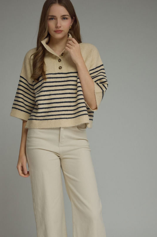 Mockneck Quarter Sleeve Navy/Ecru Stripe Sweater