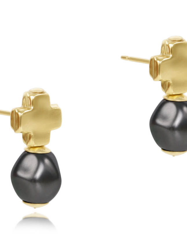 Enewton Signature Cross Gold Stud Dark Grey Pearl Earrings in at Wrapsody