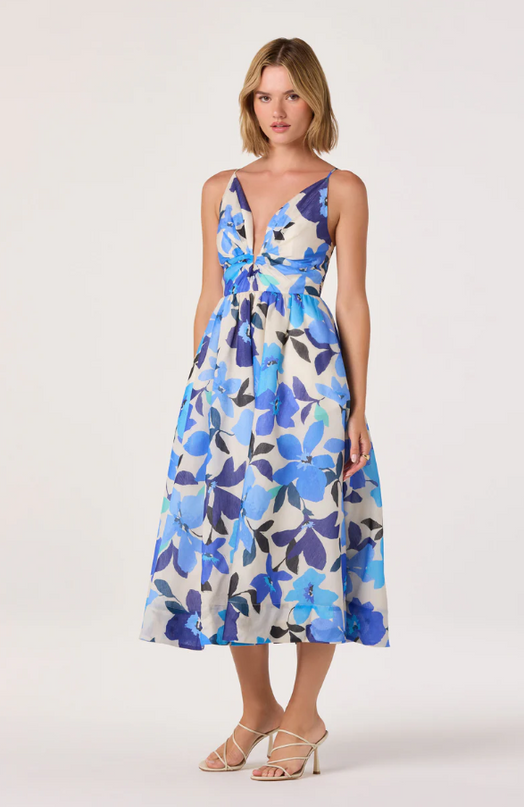 Janna Floral Blue Midi Dress Dresses in XS at Wrapsody