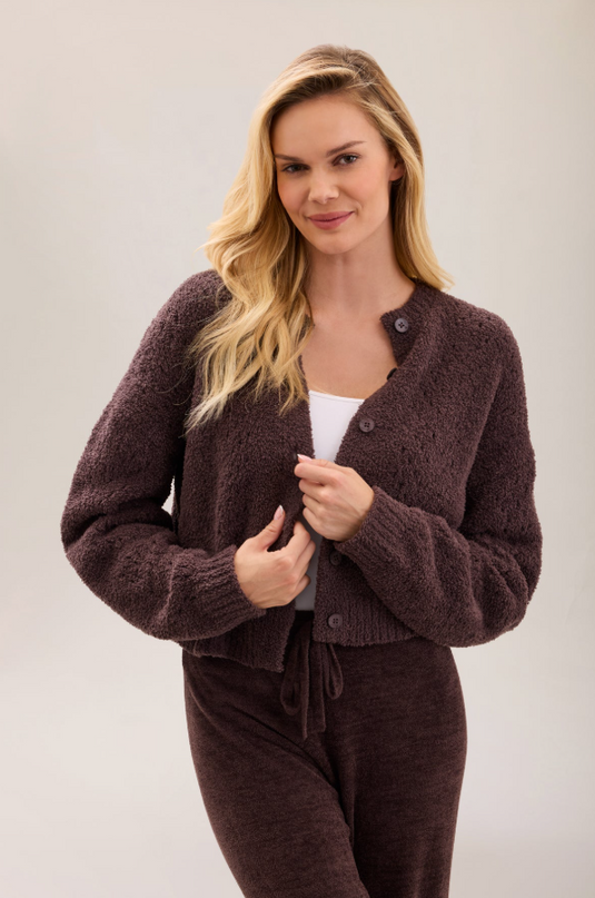 Barefoot Dreams CozyChic Pointelle Cardigan - Umber Outerwear in S at Wrapsody