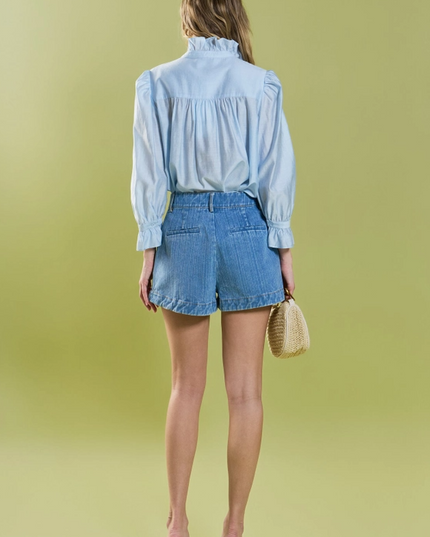 Ruffle Detailed Blouse in Powder Blue Tops in at Wrapsody