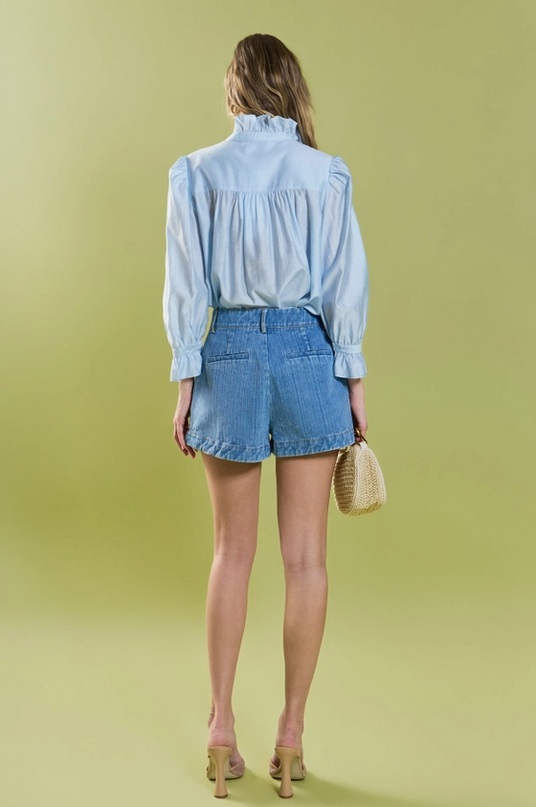 Ruffle Detailed Blouse in Powder Blue Tops in at Wrapsody