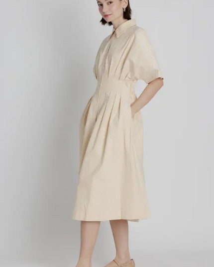 Pleated Yellow Striped Midi Dress Dresses in at Wrapsody
