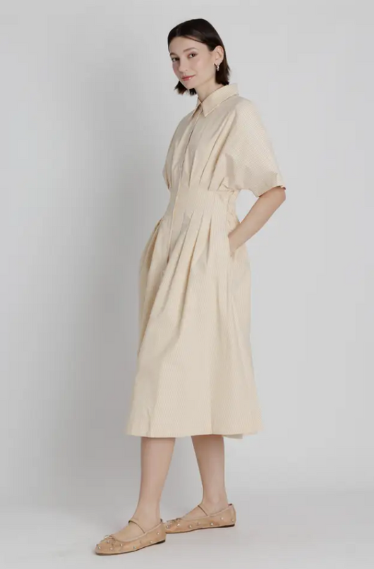 Pleated Yellow Striped Midi Dress Dresses in at Wrapsody