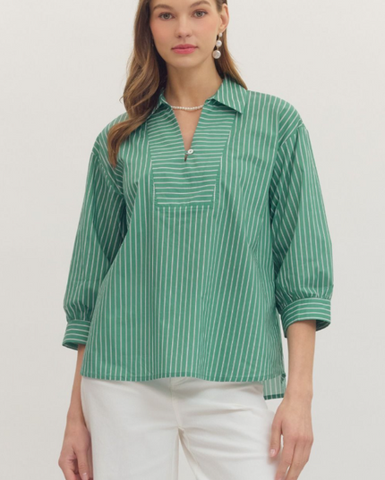 Collared Stripe Blouse in Basil Tops in S at Wrapsody