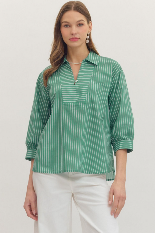 Collared Stripe Blouse in Basil Tops in S at Wrapsody