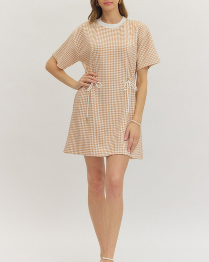 Check Pattern Cinch Ties Tan Mini Dress Dresses in S at Wrapsody