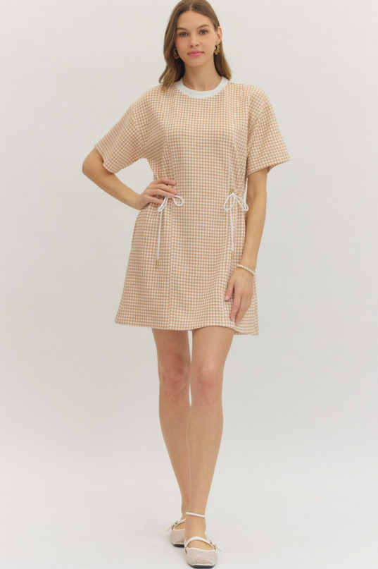 Check Pattern Cinch Ties Tan Mini Dress Dresses in S at Wrapsody