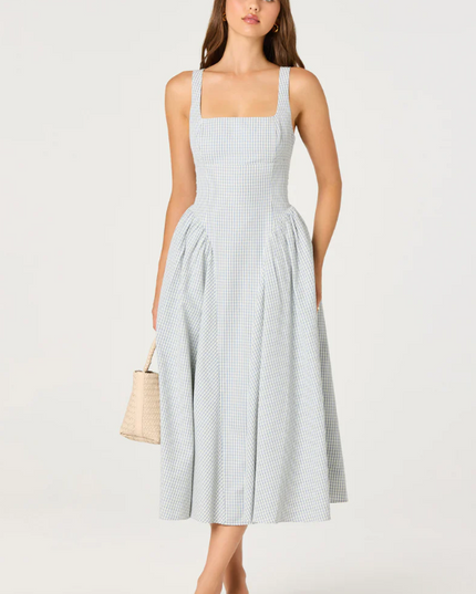 Vinya Blue Plaid Midi Dress Dresses in XS at Wrapsody