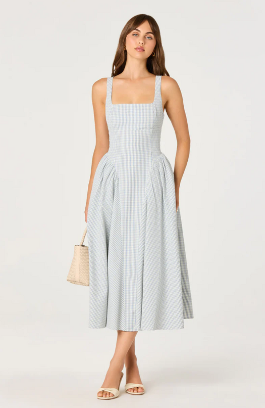 Vinya Blue Plaid Midi Dress Dresses in XS at Wrapsody