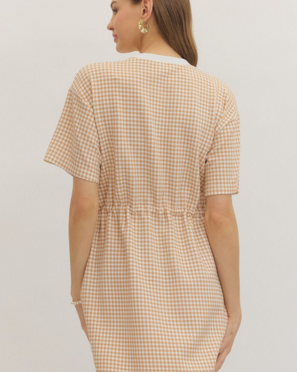 Check Pattern Cinch Ties Tan Mini Dress Dresses in at Wrapsody