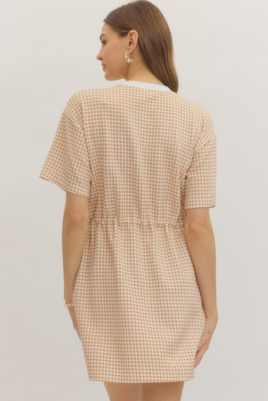 Check Pattern Cinch Ties Tan Mini Dress Dresses in at Wrapsody