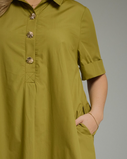 Cuff Sleeve Martini Olive Midi Dress - Extended Size