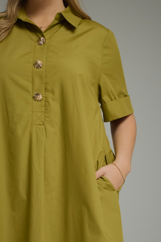 Cuff Sleeve Martini Olive Midi Dress - Extended Size