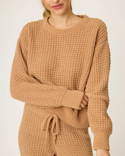 PJ Salvage Cozy Chenille Caramel Waffle Top Loungewear in S at Wrapsody