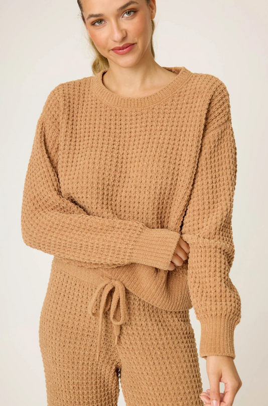 PJ Salvage Cozy Chenille Caramel Waffle Top Loungewear in S at Wrapsody