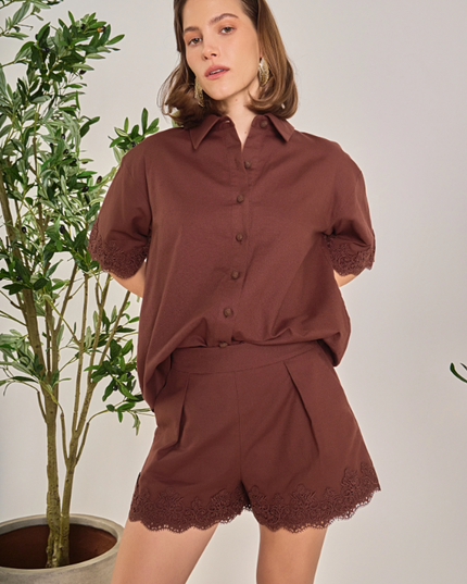 English Factory Linen Lace Chocolate Shorts