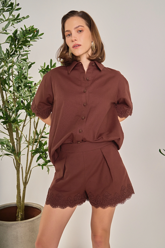 English Factory Linen Lace Chocolate Shorts Shorts in at Wrapsody