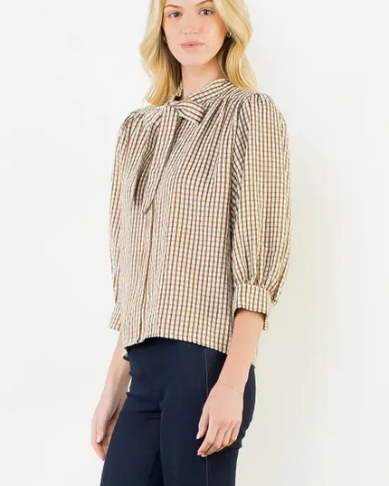 Button-Up Brown Plaid Blouse