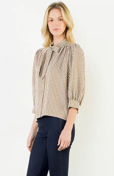 Button-Up Brown Plaid Blouse