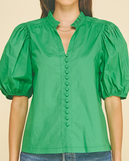 Button-Down Puff Sleeve Summer Green Blouse Tops in at Wrapsody