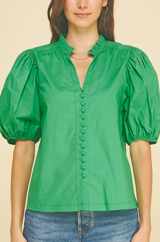 Button-Down Puff Sleeve Summer Green Blouse Tops in at Wrapsody
