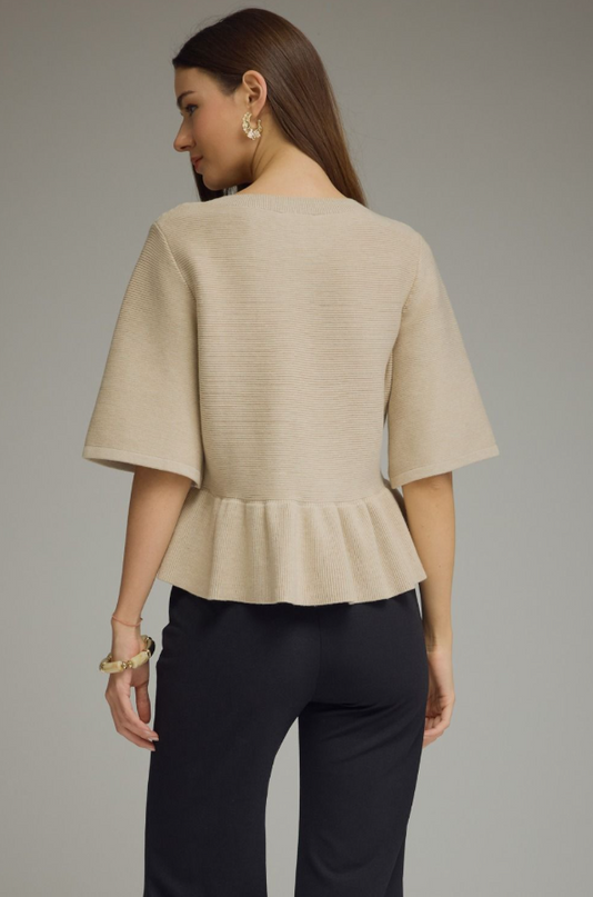 Ribbed Ruffle Hem Oatmeal Cardigan