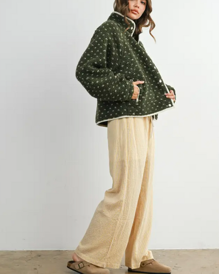 Polka Dot Olive/Taupe Sherpa Jacket Outerwear in at Wrapsody