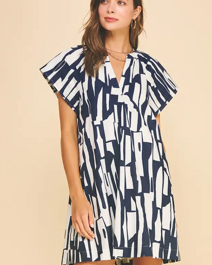 Abstract Pattern Navy/Peony Mini Dress
