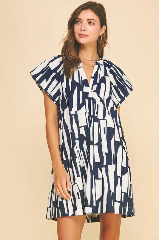 Abstract Pattern Navy/Peony Mini Dress