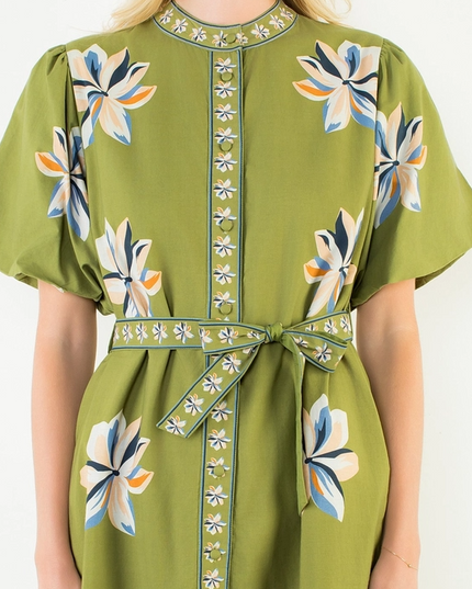 Printed Flowers Button-Up Green Midi Dress