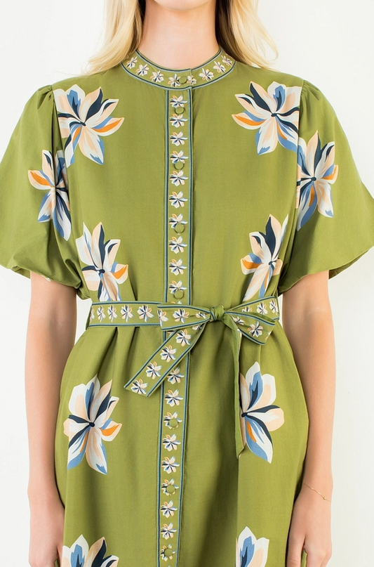 Printed Flowers Button-Up Green Midi Dress
