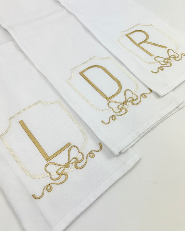 Towel Initial Ivory & Gold with Bow Kitchen Towels in  at Wrapsody