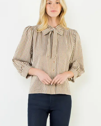 Button-Up Brown Plaid Blouse