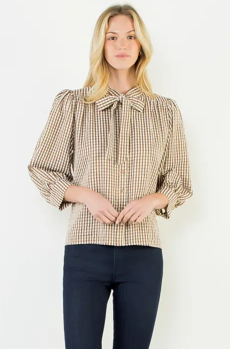 Button-Up Brown Plaid Blouse